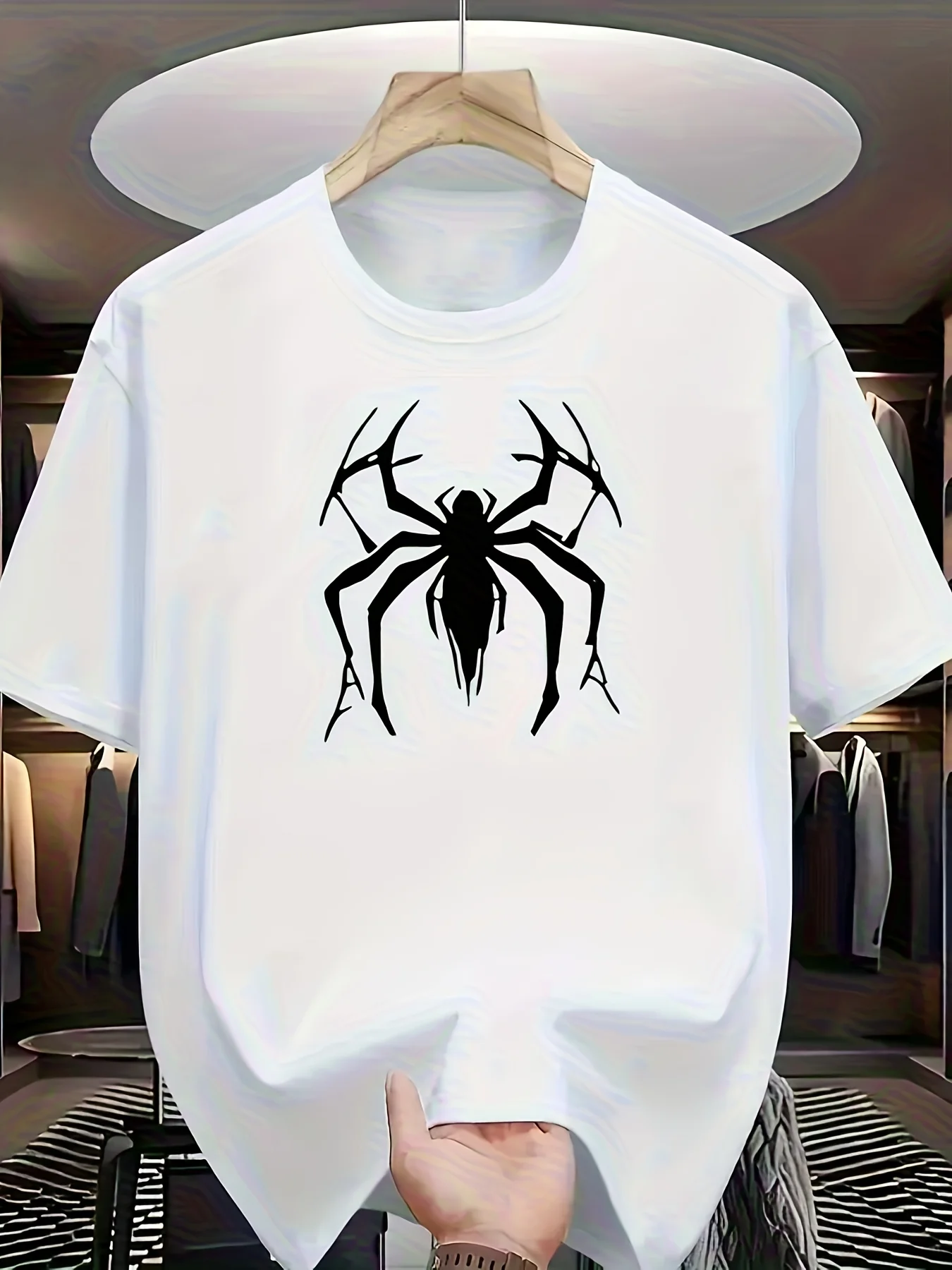 Round-neck Short-sleeve T-shirt Featuring a Black Minimalist Dark Spider Graphic on the Front. The Design Has Sharp, Mechanical Lines, Creating a Niche and Visually Striking Trendy Cool Pattern. The Style Is Dark and Rebellious, with a Strong