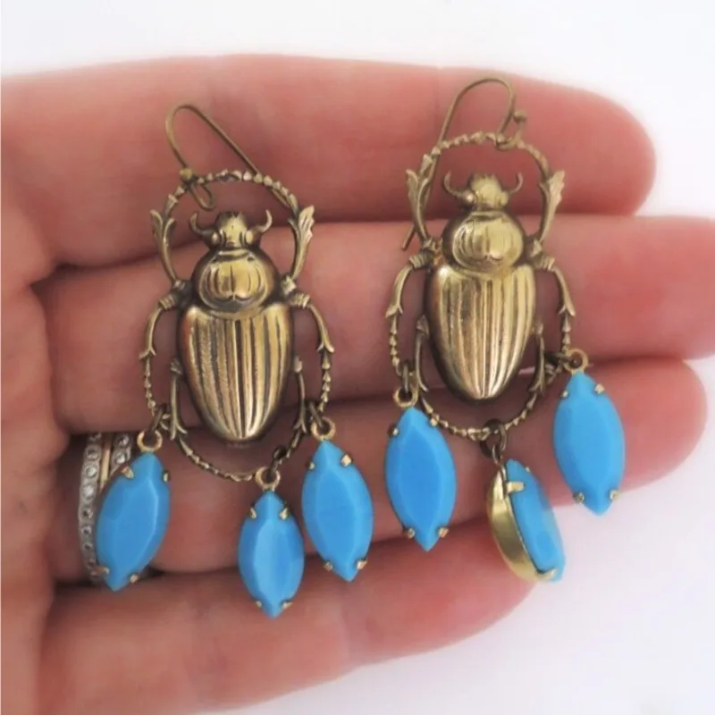 Vintage Jewelry - Scarab Earrings - Egyptian Jewelry - Turquoise Blue Earrings - Rhinestone Earrings - Brass Earrings