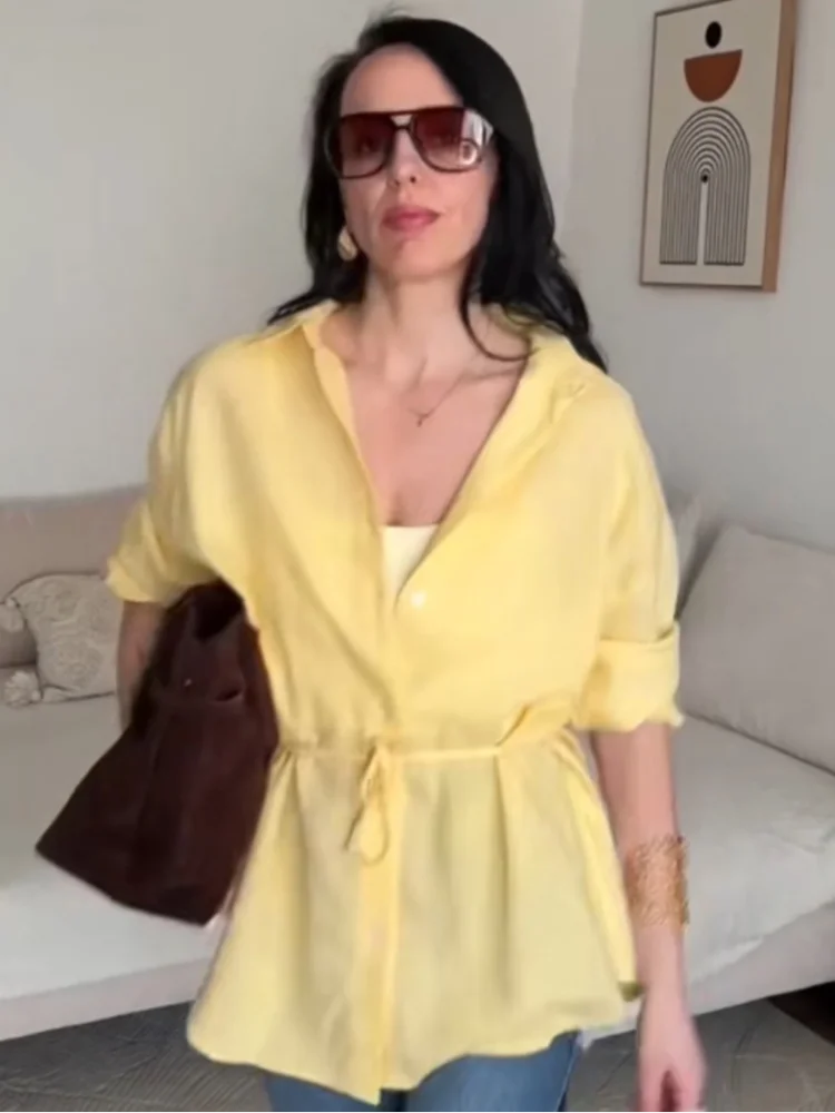 Casual Yellow Lace-up Shirt Women Chic Lapel Single Breasted Full Sleeve Loose Thin Blouse 2026 Spring Lady Daily Dating Shirts