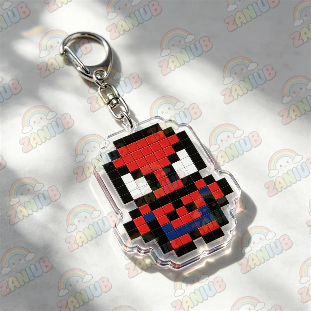 Popular Anime Superhero Pixel Keychains for Accessories Jewelry Manga Acrylic Key Ring Purse Phone Bag Charm Fans Friends Gifts