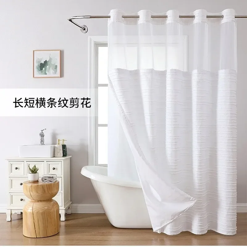 No Hook Double Layer Tufted Diamond Cut Shower Curtain Waterproof Mildew Resistant Fabric Bathroom Bathtub Privacy Partition