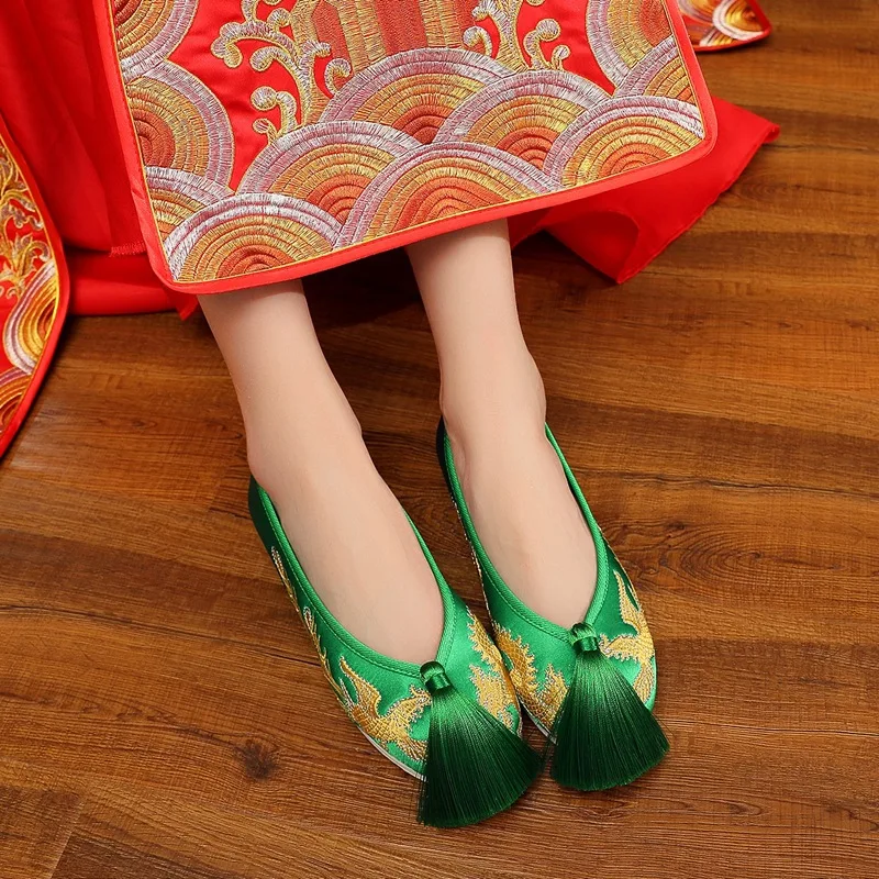 2026 Women's Green Chinese Style Embroidery Tassel Flats Traditional Wedding Cheongsam Matching Shoes Q-451