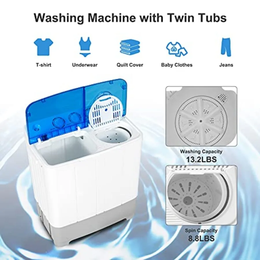 Portable Washing Machine Twin Tub with 22Lbs Capacity for Compact Living Spaces Includes 13.2Lbs Washer and 8.8Lbs Spinner Unit