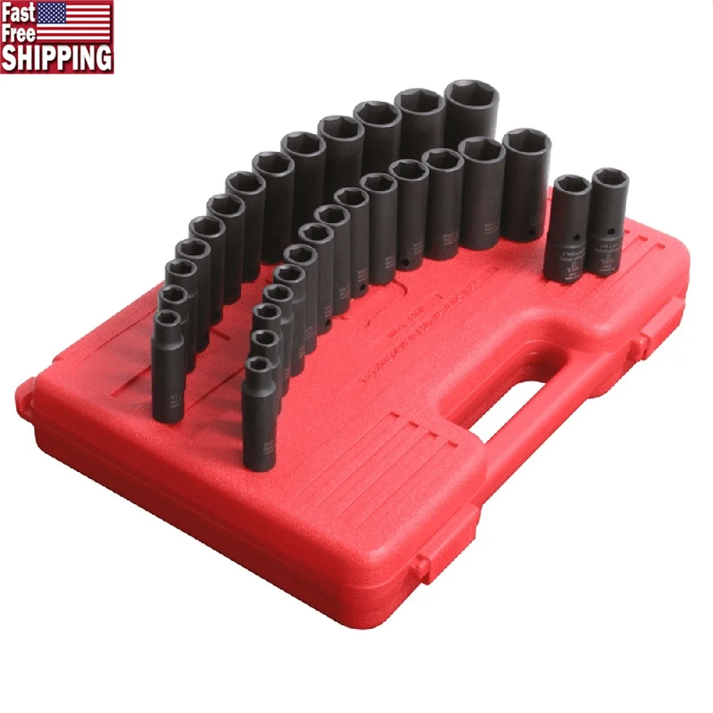 

29 Piece Deep Impact Socket Set 1/2 Drive SAE Metric Tools Chrome Molybdenum Heavy Duty Storage Case Forged Set Tight Areas