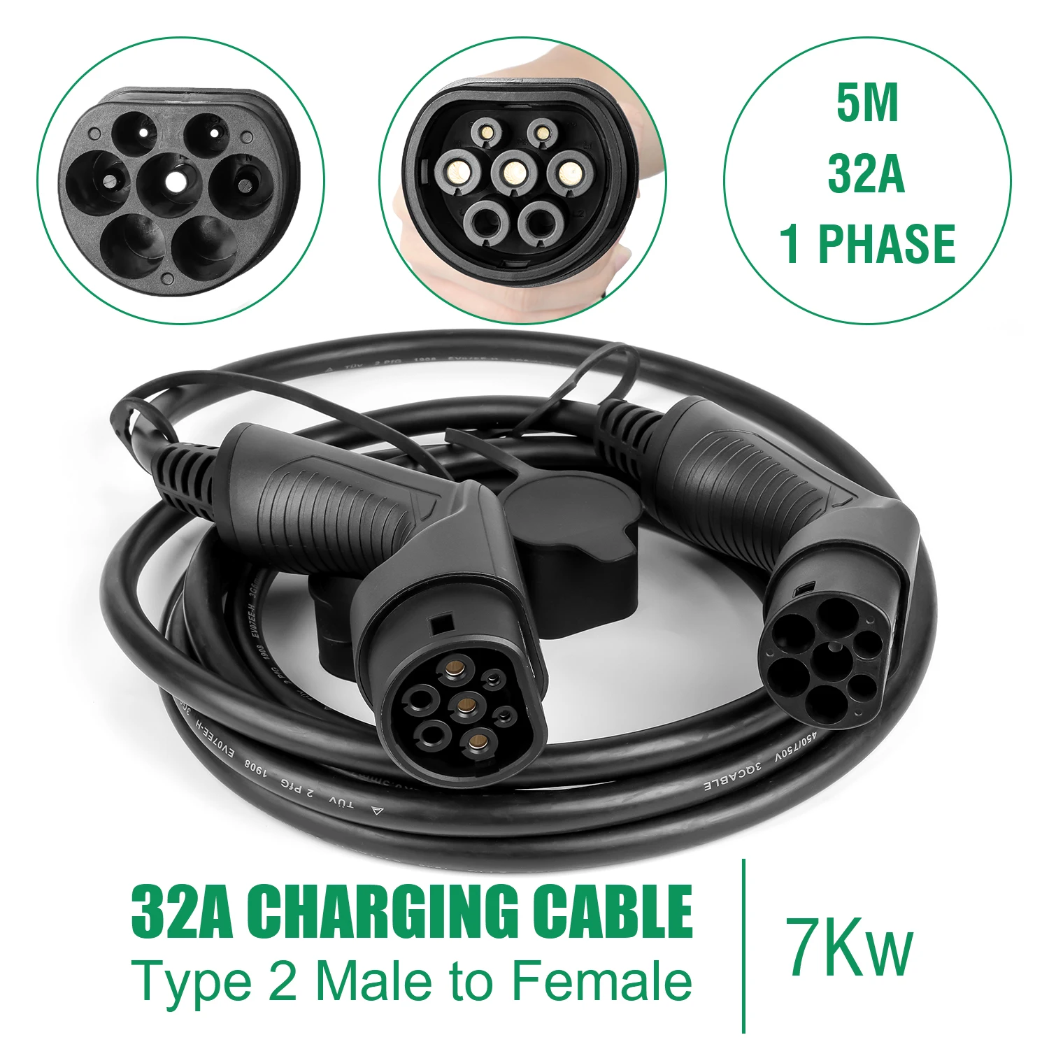 Electric Car Type2 To Type2 Ev Charging Cable 1Phase 32A Female To Male Plug 5M Cable 7.2KW IEC62196-2 EVES Charging Stations