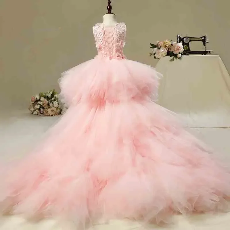 

Elegant Long Trailing Appliques First Communion Dress Pink Tulle Ball Gown Girls Pageant Gown Flower Girl Dress for Weddings