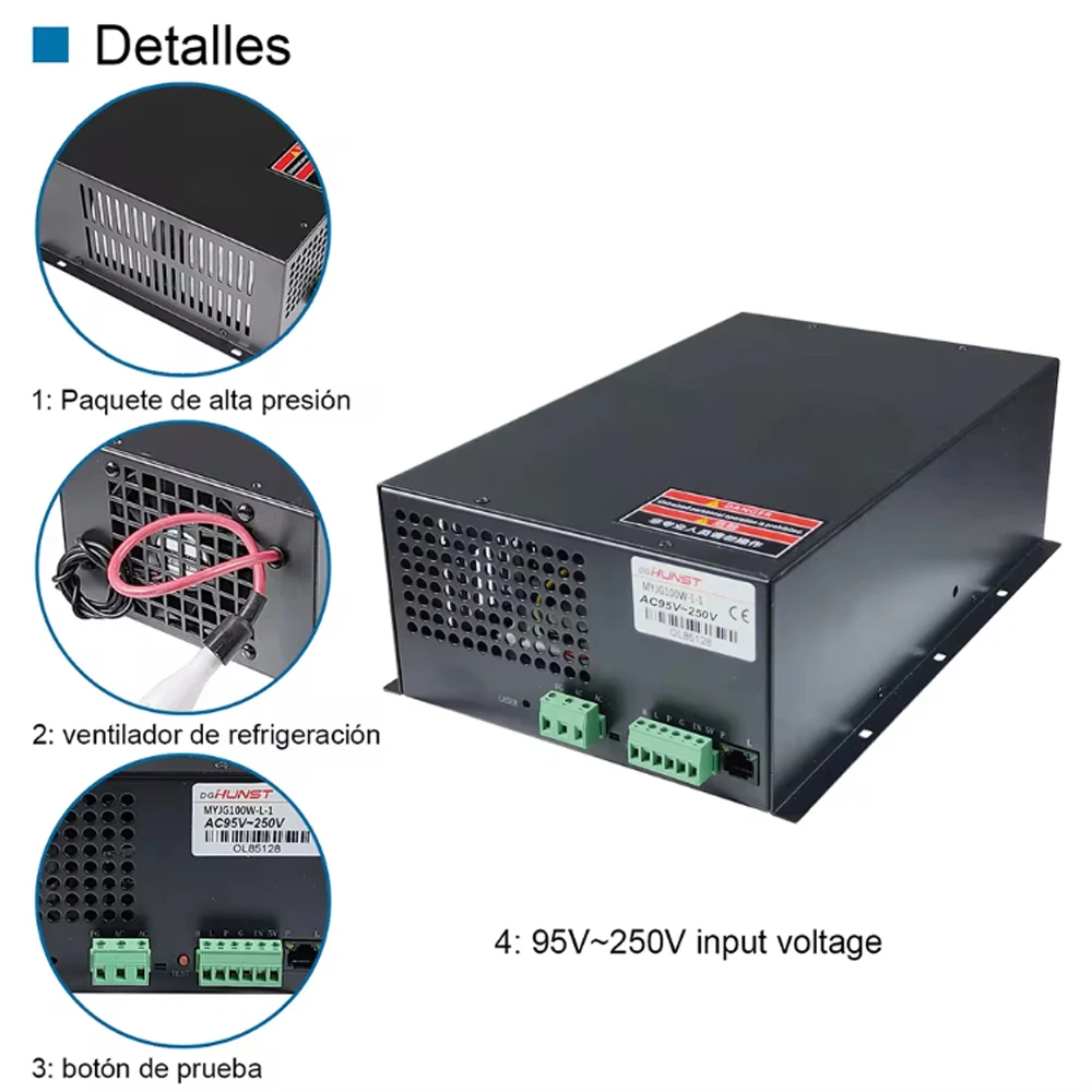 مصدر طاقة ليزر HUNST CO2 MYJG 100W يدعم الجهد 95 ~ 250 فولت ويستخدم لآلات النقش والقطع بالليزر 80-100 وات.