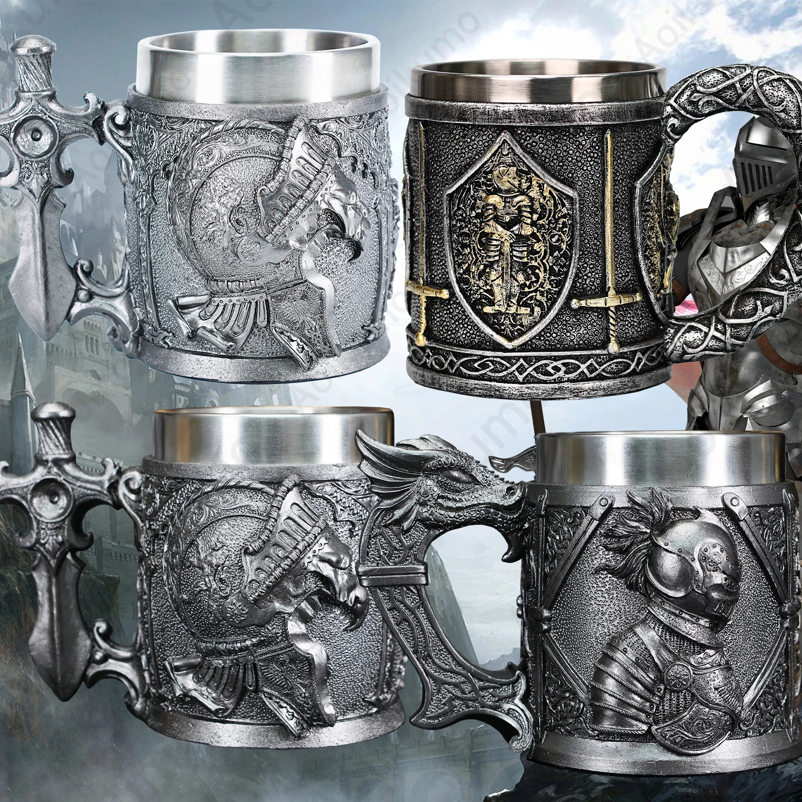 Valhalla Viking Stainless Steel Nordic Knight Sword World Norse Medieval Skull Beer Mug Tankard Stein Cup 400 ml