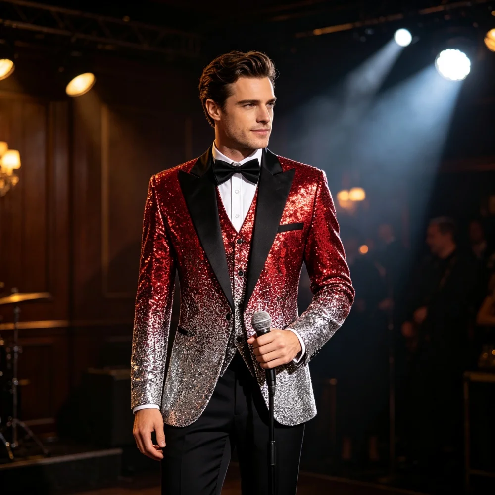 Men 3 Piece Gradient Sequin Suit  Lapel Tuxedo Jacket Vest Black Serge Pants Wedding Prom Stage Performance Party Blazer Set
