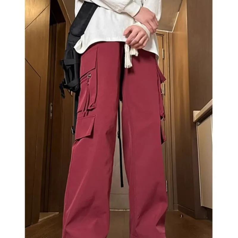 

Spring Autumn Men's Clothing Solid Color Elastic Pockets High Waist Casual Drawstring Fashionable Trousers Cargo Cropped Pants