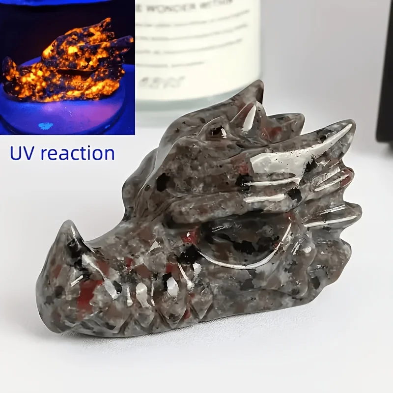 Natural Yooperlite Dragon Head Carving UV Reactive Sodalite Syenite Figurine Hand Polished Gemstone Reiki Altar Decor Collectibl