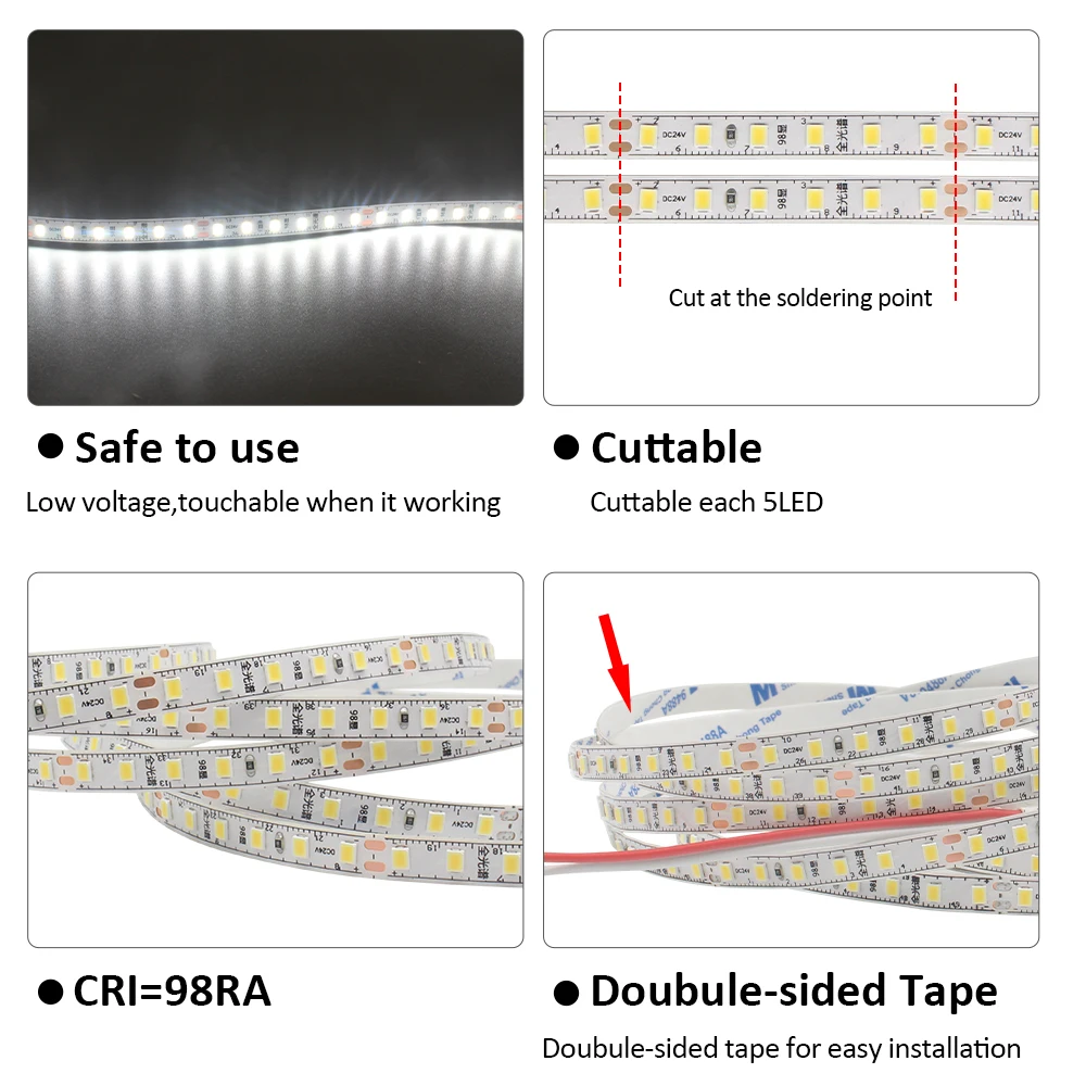 Fita LED de espectro completo, fita flexível, luzes de trabalho de leitura, 120LEDs por m, IP20, frio, quente, branco, Ra98, 2835, 5m, 10m, 24V