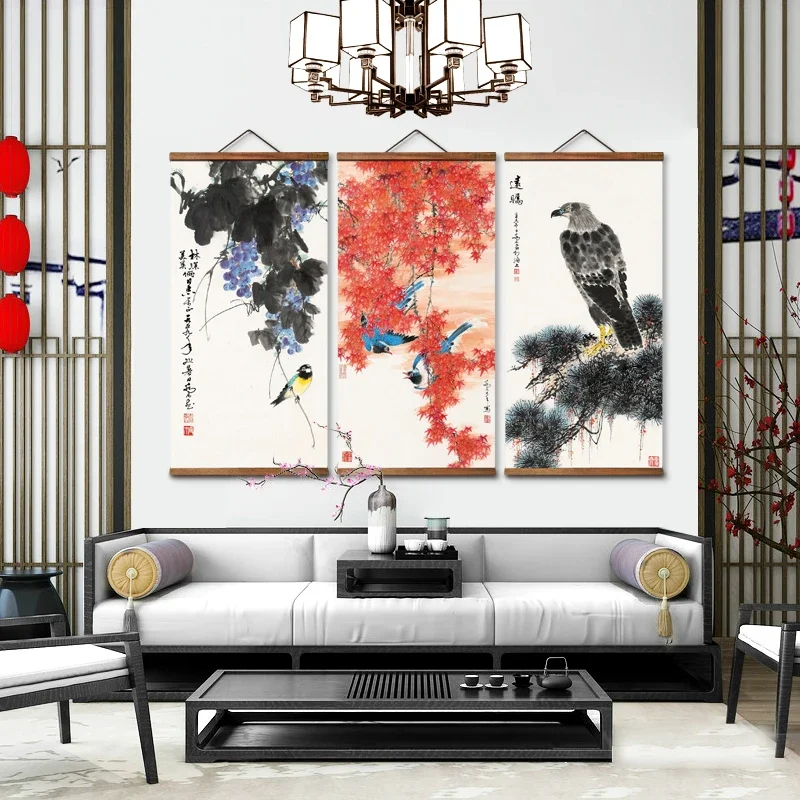 MT0325 Chinese Style Red Maple Twinkle grape bird landscape Decorative Wall Art Posters Solid Wood Scroll Paintings