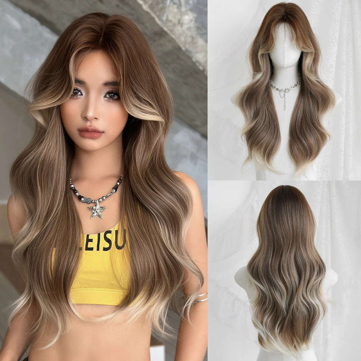 Lange braune Perücke mit Wasserwellen und beige Highlights für Damen – Synthetische, modische Perücke mit Mittelscheitel und Vorhang-Pony zum sofortigen Tragen