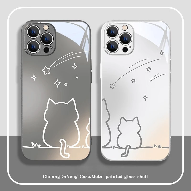 

Metallic paint mirror face for iPhone 15 phone case 13pro protective sleeve iphone12 11 Cat couple 14plus