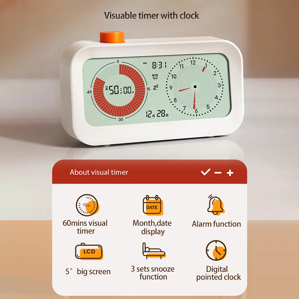 Digital Productivity Visual Timer Count Up/Down Function Alarm Calendar Display Clock Snooze Setting Sound Reminder Kids