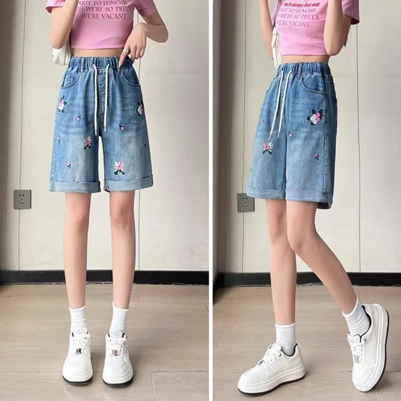 2024 Summer Elastic Waist Denim Shorts Women's Vintage Floral Embroidered Straight Tube Loose Drawstring Short Pant Female 3XL
