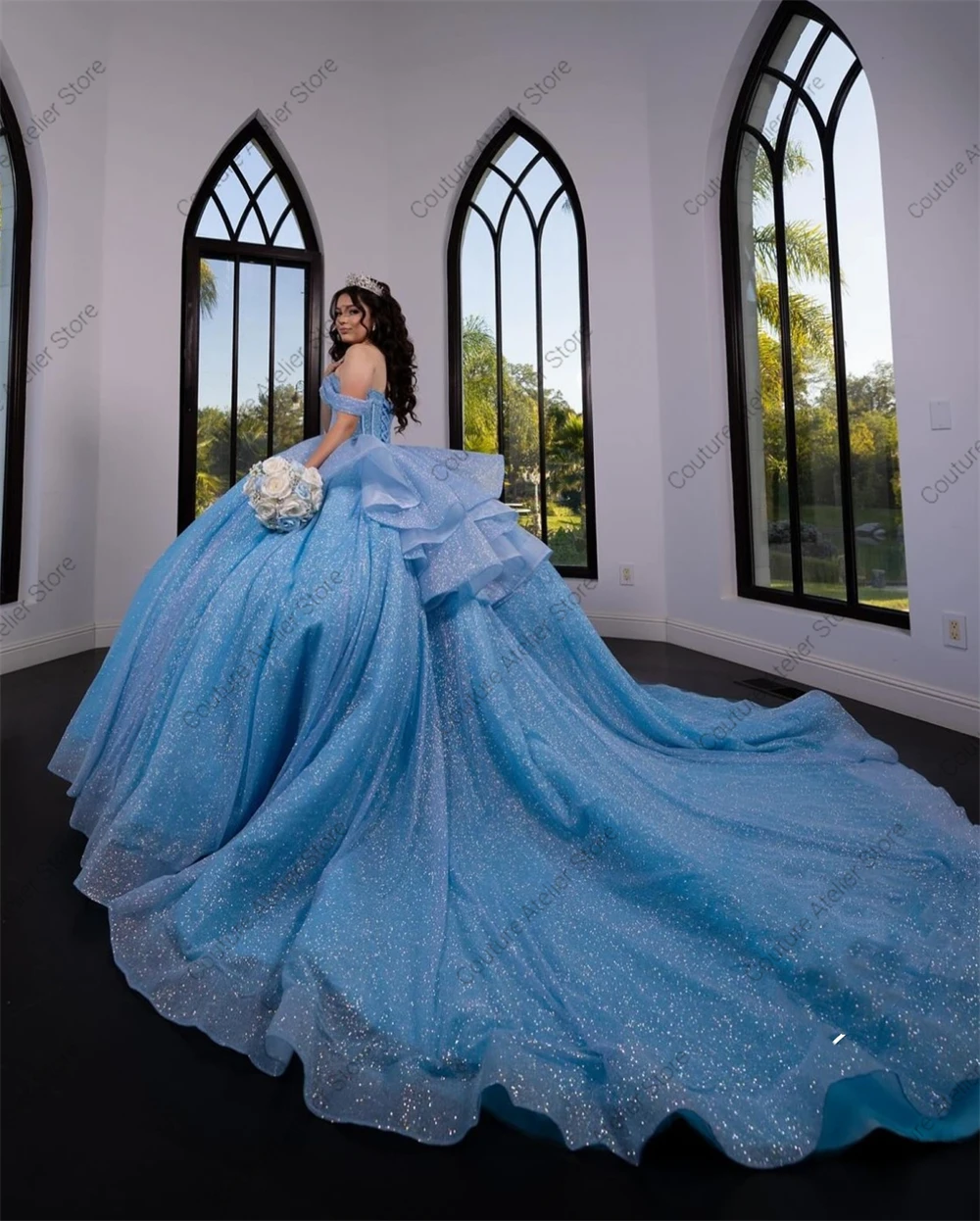 Elsa Blue Shinning Off The Shoulder Quinceanera Dress Ball Gown Crystal Princess Corset Sweet 16 Dress Wedding Gown Luxury