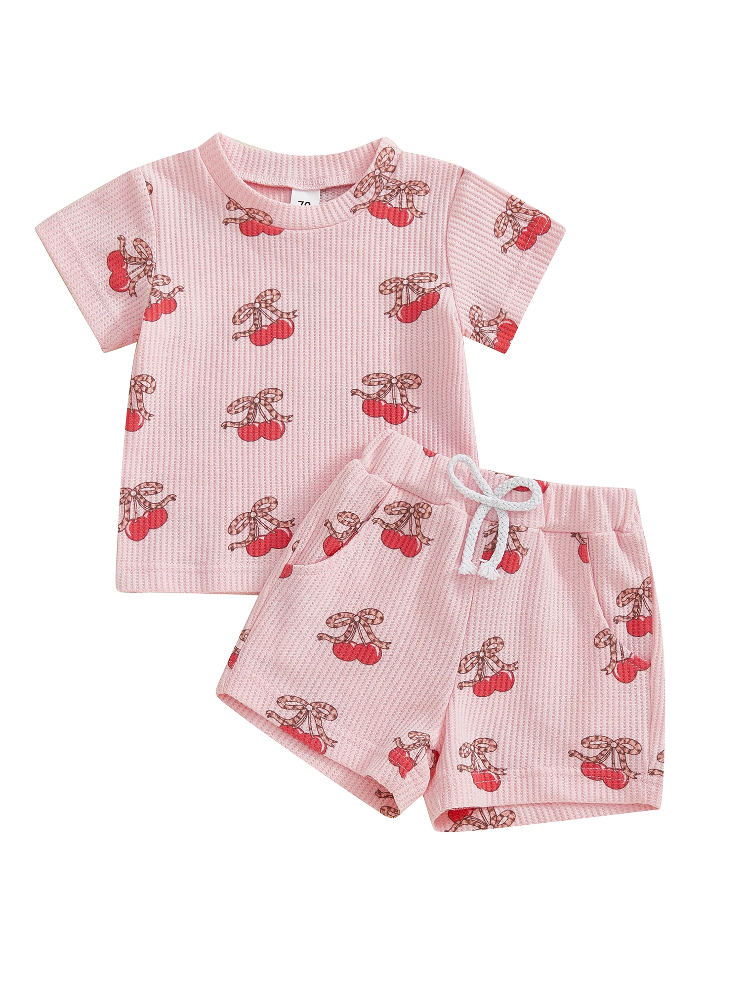 

Adorable Toddler Girls 2 Piece Clothing Set with Stylish Bow Detail and Cute Cherry Print Design Short Sleeve Top and Shorts