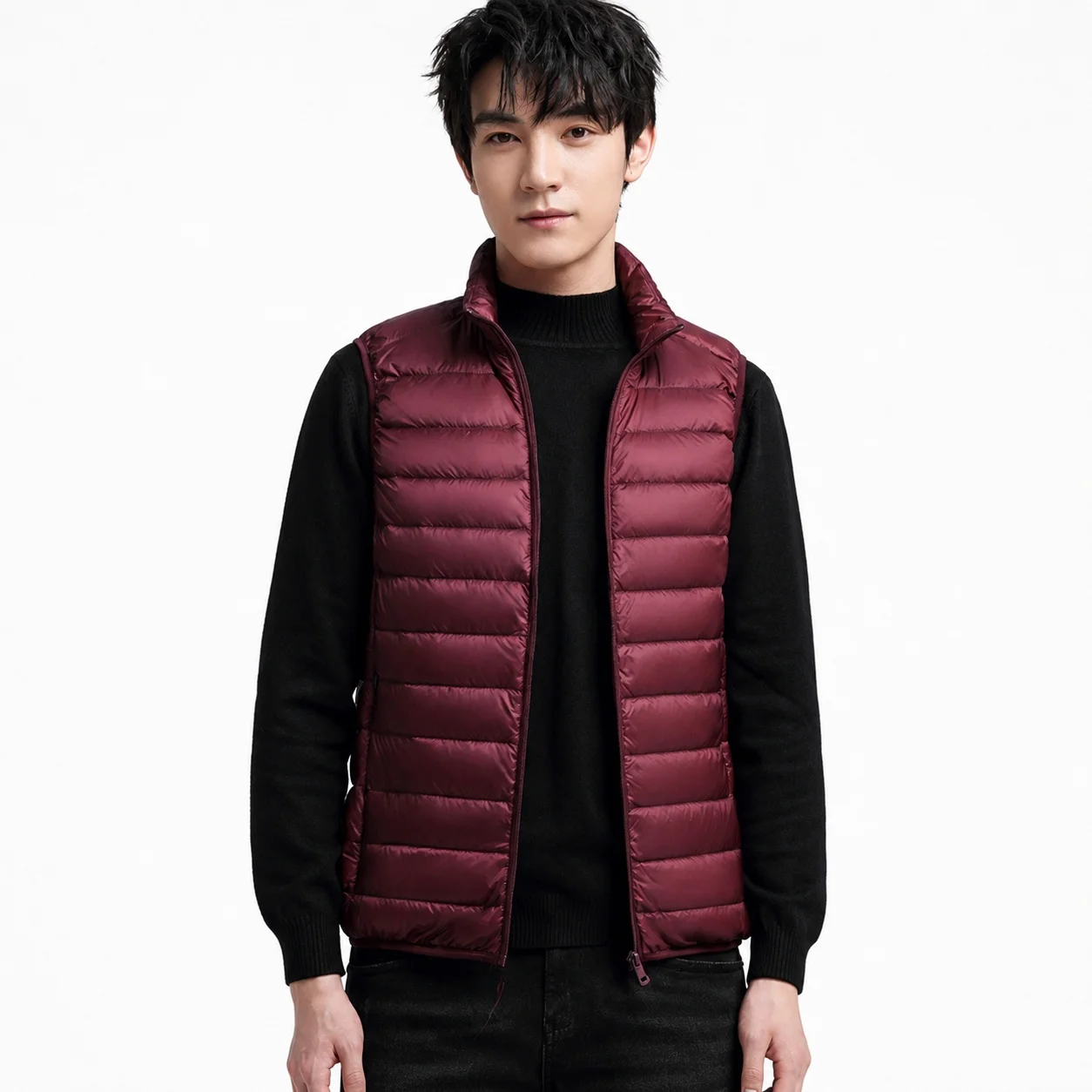 Women's Lightweight Striped Casual Vest with Stand Collar Zipper Closure Anti-Down Leakage Regular Fit Padded Outerwear Solid