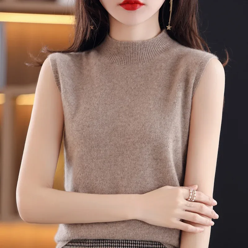 Women Sweater Casual Warm Spring Autumn Bottoming Shirts Mock Neck Basic Knitwear Sleeveless Pullovers Korean Fashion Jumper