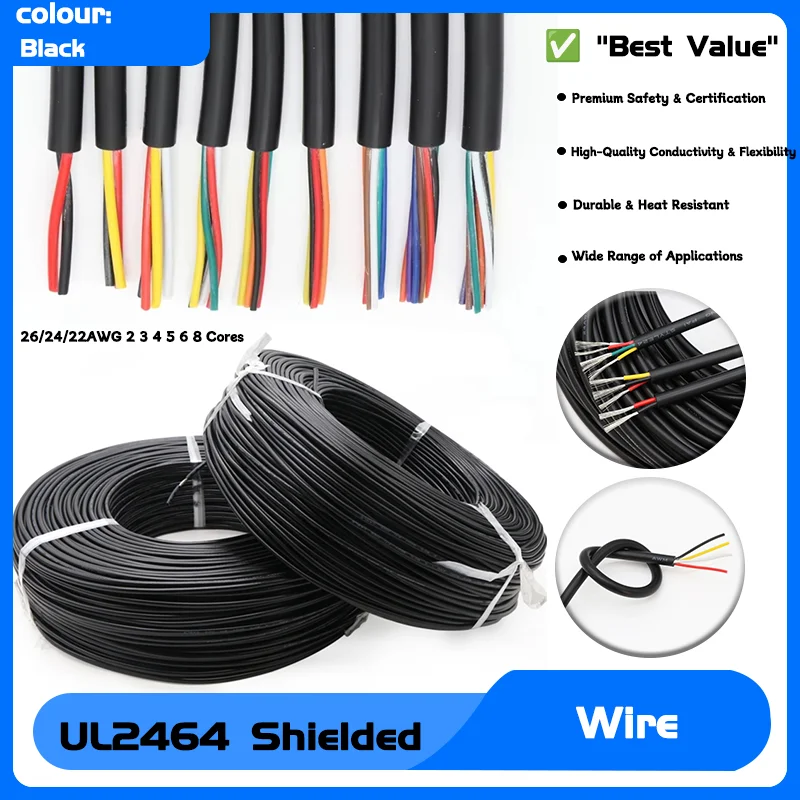 

UL2464 Shielded Wires 26/24/22AWG 2 3 4 5 6 8 Cores Channel Audio Line Copper Signal Control Cable Sheathed Wire 2/5/10M Black