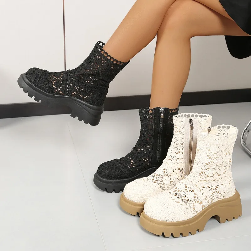 

2026 Women's Summer New Breathable Elegant Solid Color Side Zipper High Heel Sandasl Women Fashion Comfortable Casual Cool Boot