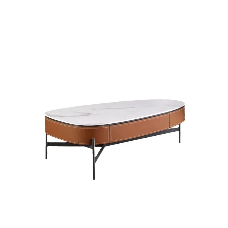 

Modern small apartment home living room designer oval storage saddle leather slate coffee table 1.3m orange coffee table