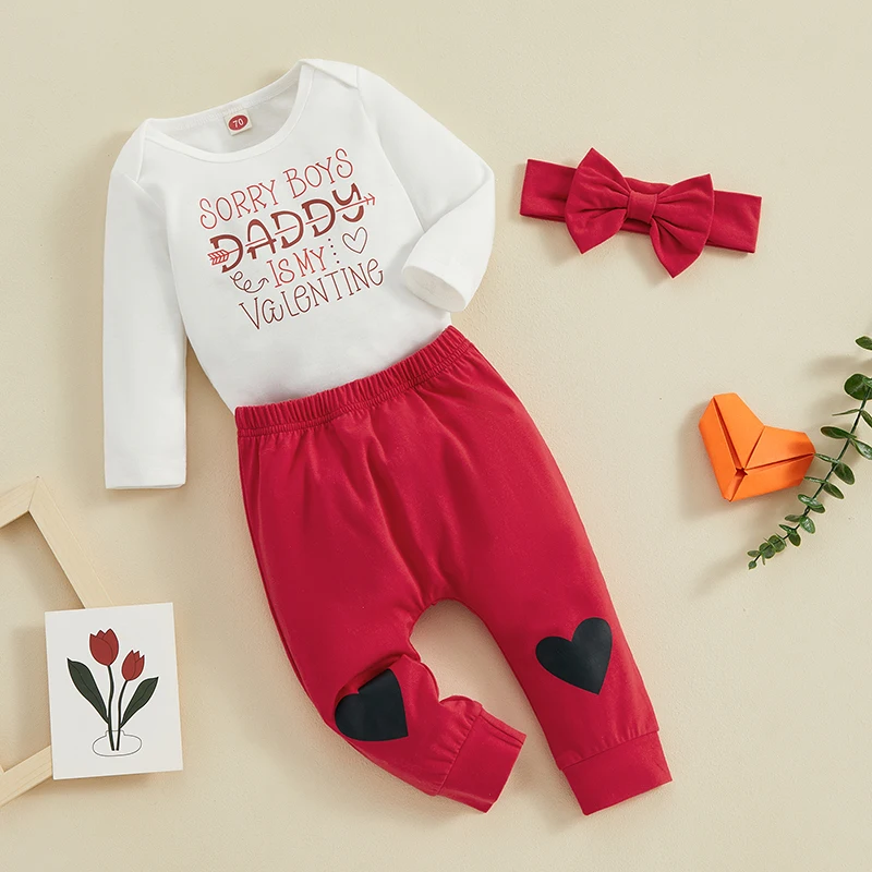 

Baby Girls Valentine’s Day Outfits Long Sleeve Romper Heart Pants Headband Set Infant Clothes