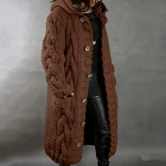 Damenpullover, neuer lässiger, lockerer, europäisch-amerikanischer Mode-Cardigan mit Umlegekragen, gestrickter langer Mantel, Pullovermantel in großen Größen – Detail 27