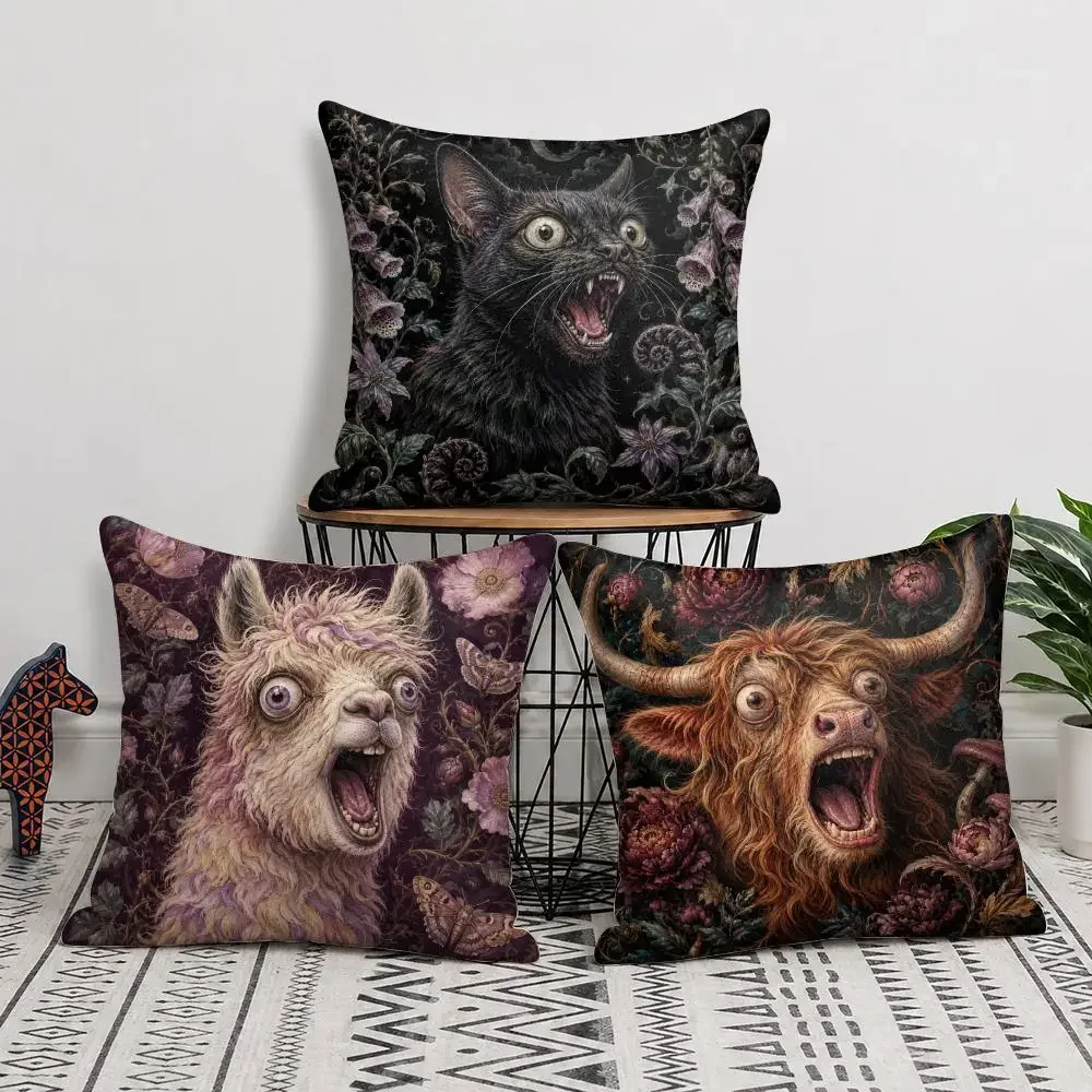 Surreal Art Screaming Goat with Florals Cushion Cover Short Plush Soft Double-Sided Printing Pillow Case Sofa Bedroom Home Decor