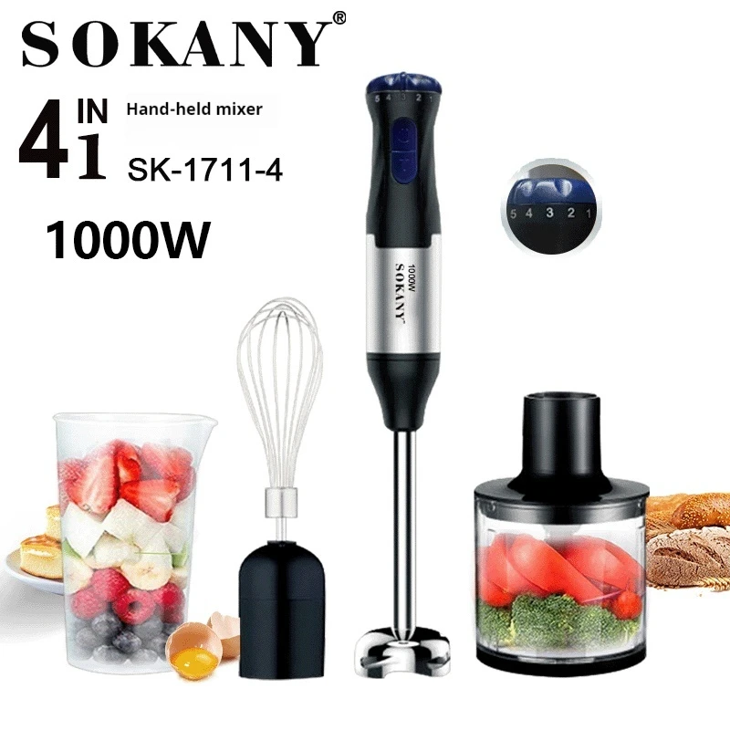 Sokany Powerful 4 in 1 Stick Hand Blender Set Stainless Steel Immersion Chopper Beaker Electric Whisk For Kitchen  Baby Food