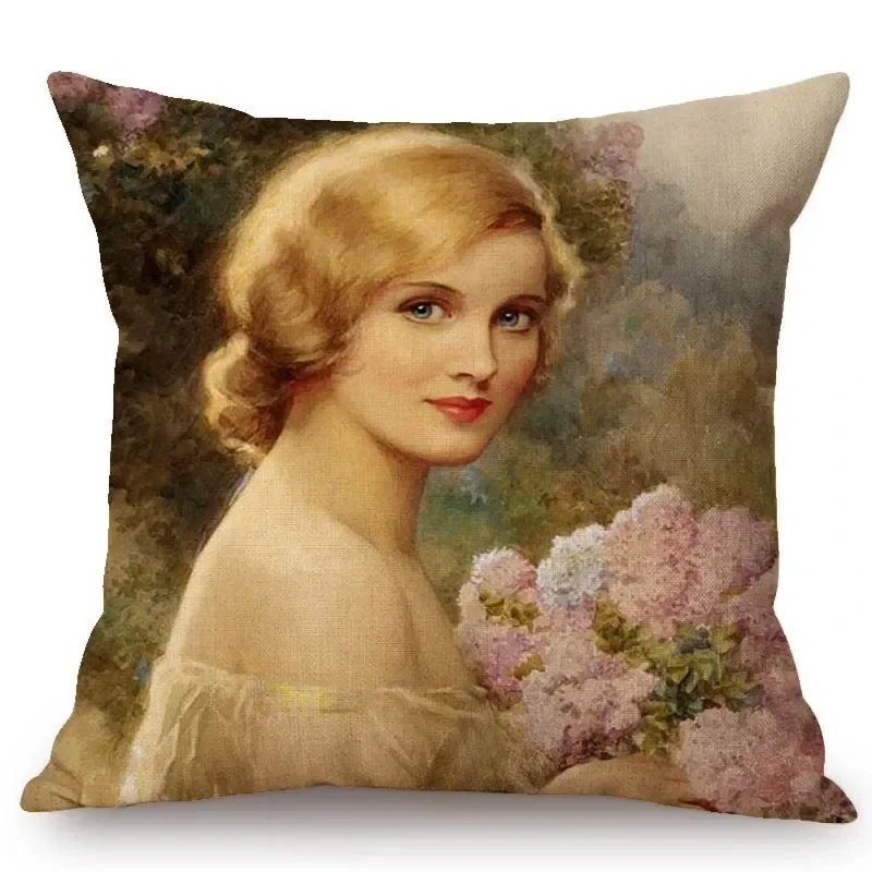 European Royal Court Victorian Era Lady Hat With Flower Elegant Sofa Throw Pillow Cover Classic Vintage Linen Decor Cushion Case