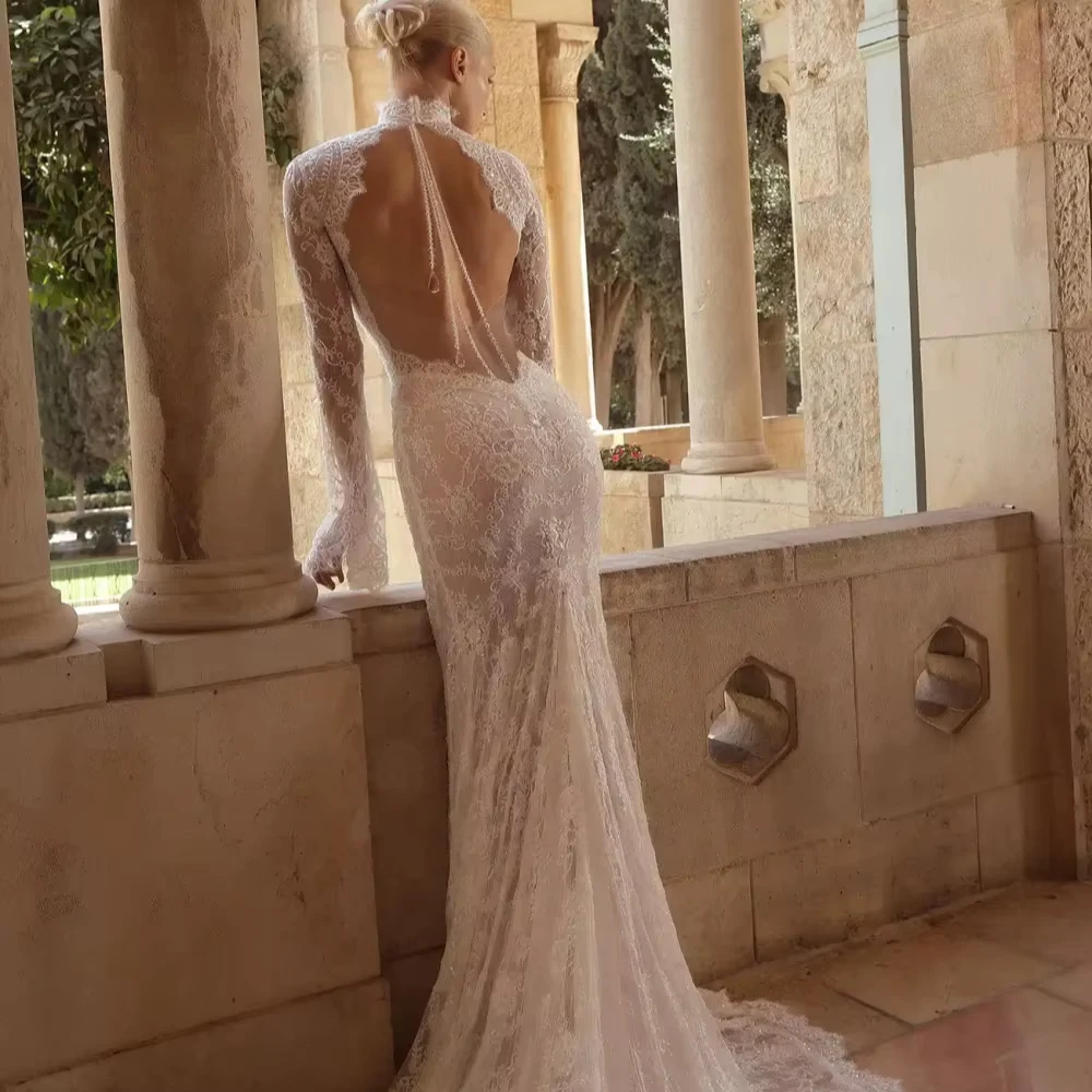 Customized Hand-beaded Lace Sheath Wedding Dress High Collar Long Bell Sleeves Bridal Gown Sheer Open Back Bridal Gown