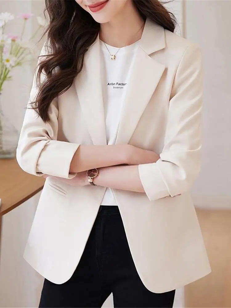 

Beige ort Casual Women's Suit Jaet Spring Autumn New Korean Version High-End Feeling Street Sle Small Size Ladies Coat
