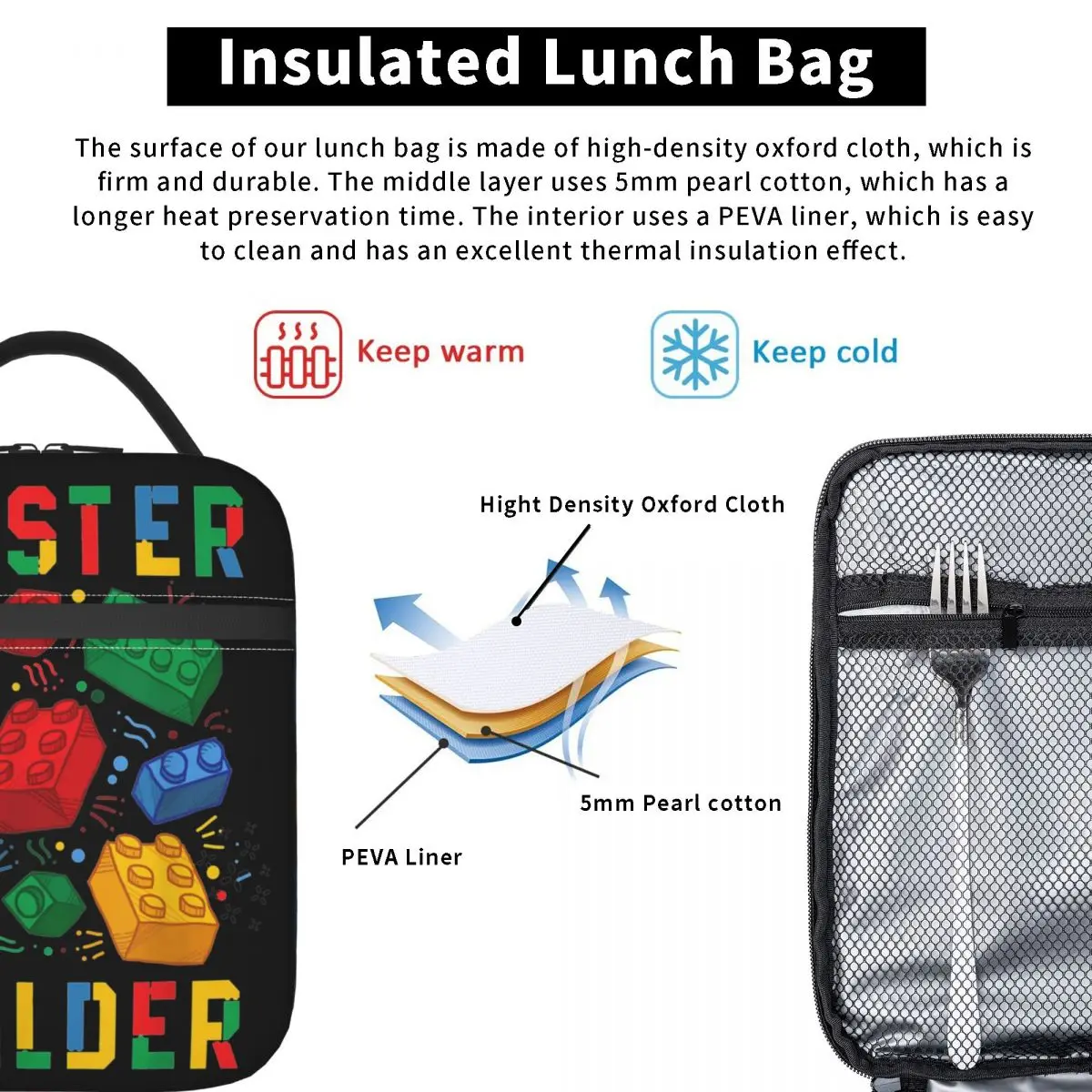 Ziegel Builder Blöcke Master Builder isolierte Lunch Bag auslaufs ichere wieder verwendbare Kühltasche Tote Lunch Box College Outdoor Männer Frauen