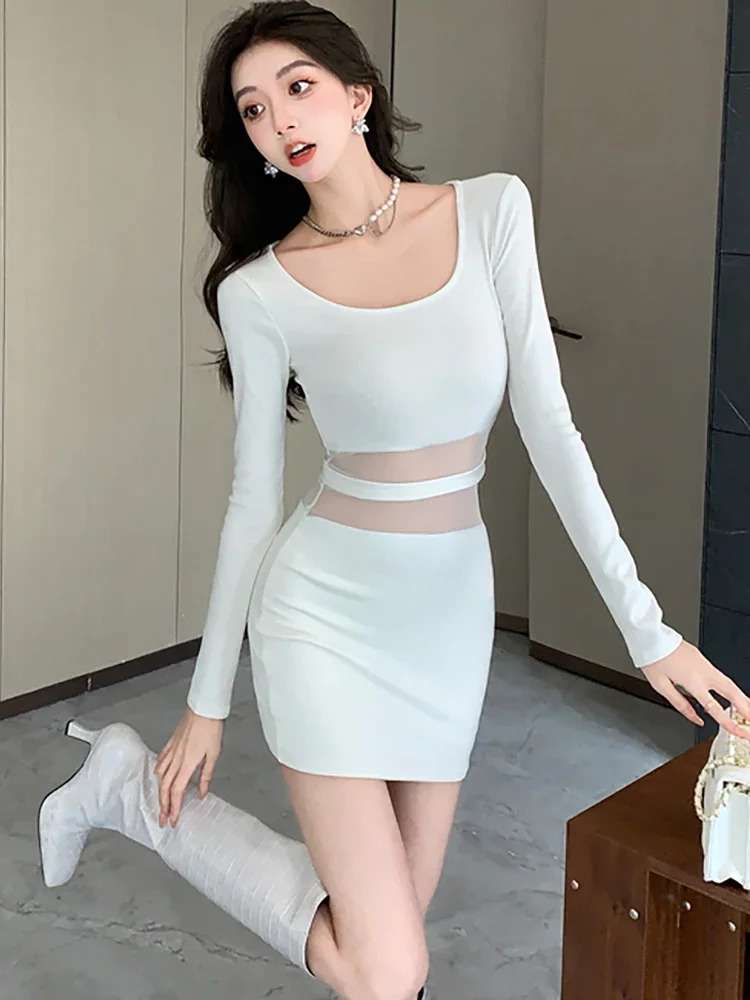 White Patchwork Mesh Sheer Sexy Mini Dress Women Autumn Elegant Bodycon Hip Wrap Dress 2024 Korean Fashion Chic Festival Dresses