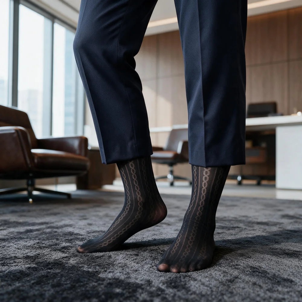 Men's Over The Calf Formal Dress Socks High Knee Vertical Chain Pattern Sheer Business Long Tube Socks Suit Shorts