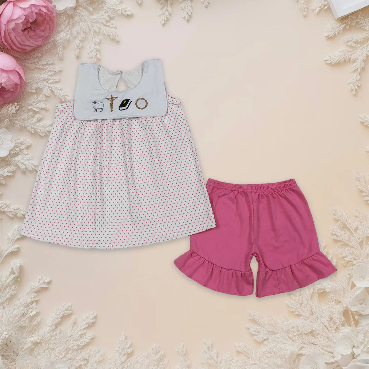 

Children Fashion Clothing Embroidery Cross Sheep Baby Girl Polka Dots Tunic Ruffle Shorts Clothes Set Infant Toddler Outfits