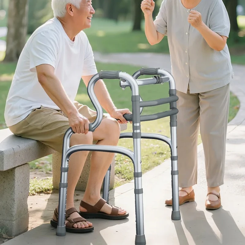 Foldable Walker with Seat Lightweight 4‑Point Walking Aid for Seniors Double Handrail Compact Mobility Support