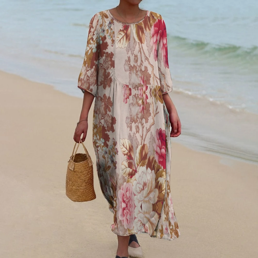 

Women's Casual Flower Print Maxi Dress Oversized Elegant Long Dresses Mid Sleeve Beach Wear Vacation Summer Round Neck Longuette