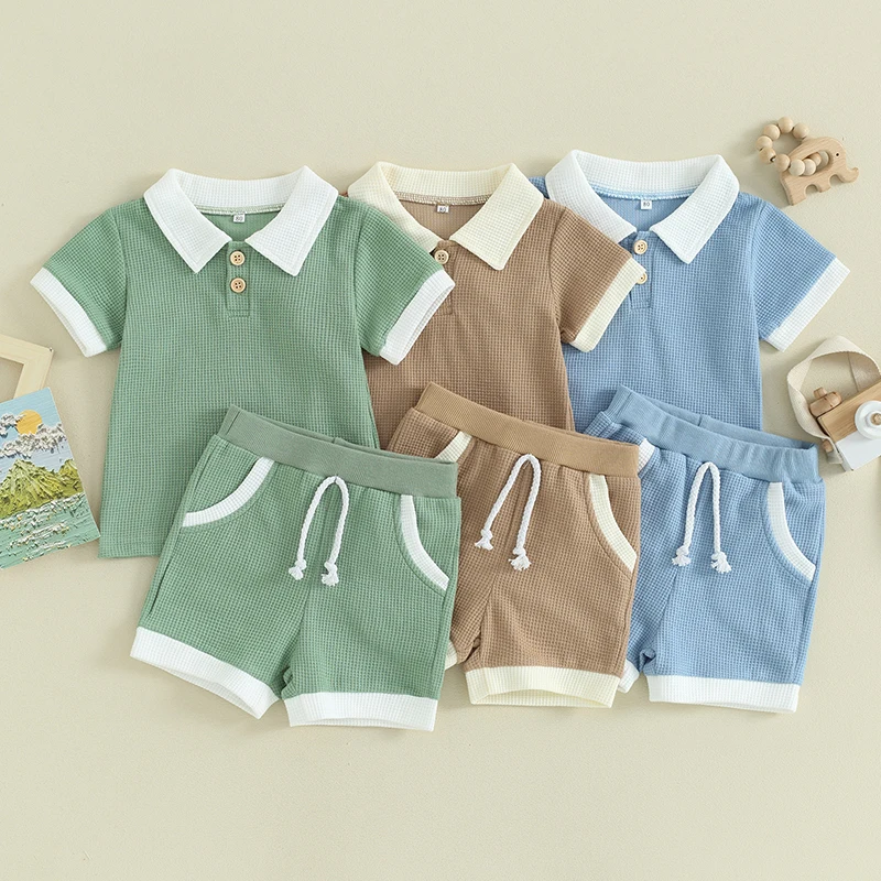 

Toddler Boys Summer Outfits Contrast Color Buttons Short Sleeve T-Shirts Waffle Tops Elastic Waist Shorts 2Pcs Clothes Set