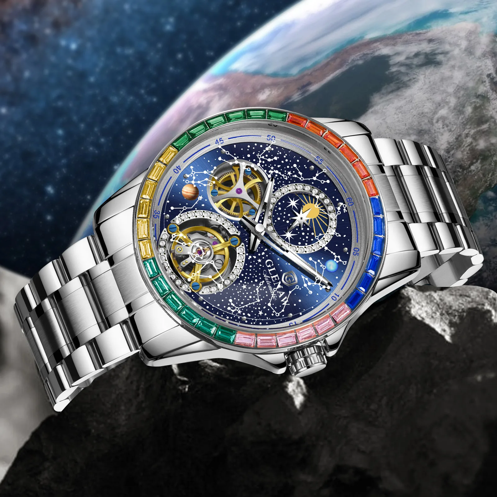 2026 GLENAW Design New Rainbow Circle Mechanical Watch Men 43MM Constellation Dial Men Watch Luminous Waterproof Automatic Watch