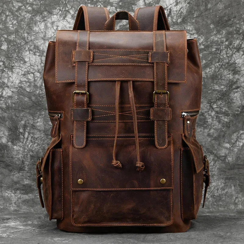 Sac à dos en cuir véritable pour homme, sac à dos de voyage pour ordinateur portable, sac à dos lumineux pour homme, grand, 17 pouces, nouveautés, 2025