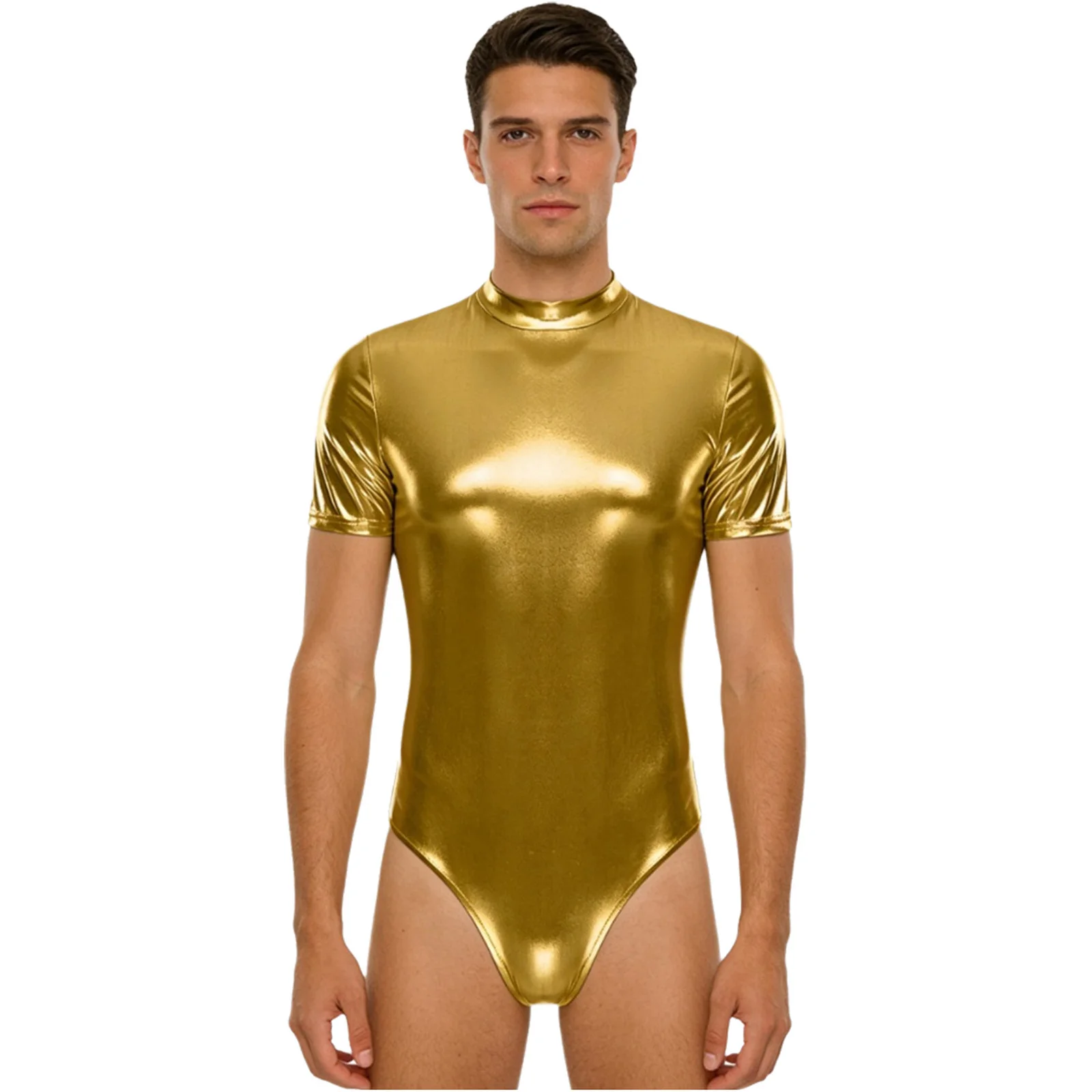 

Men Shiny Gymnastics Skating Dance Bodysuit Short Sleeve Mock Neck Bodycon Leotard for Nightclub Party Pole Dance Outfits