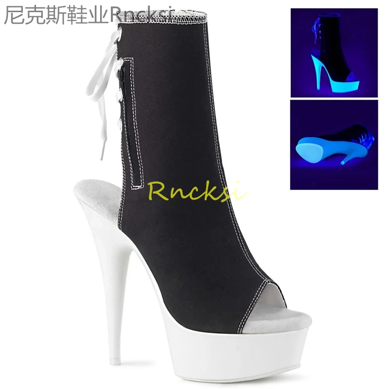 

European and American fluorescent nightclub ultra high heel sexy new ankle boots black women's low boots elastic short boots