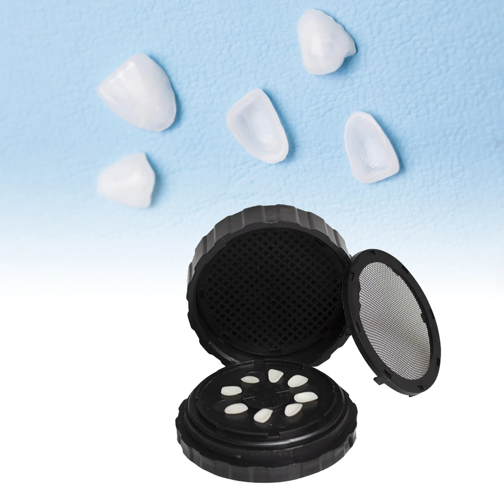 

Round Dental Veneer Box Denture Veneer Processing Box Round Shape Reusable Black Denture Storage Box with Spare Pad
