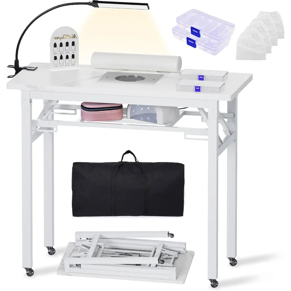 

Portable & Foldable Manicure Table w/Dust Collector, Rolling Nail Tech Desk w/LED Light Lamp, Wrist Cushion, Lockable Wheels,