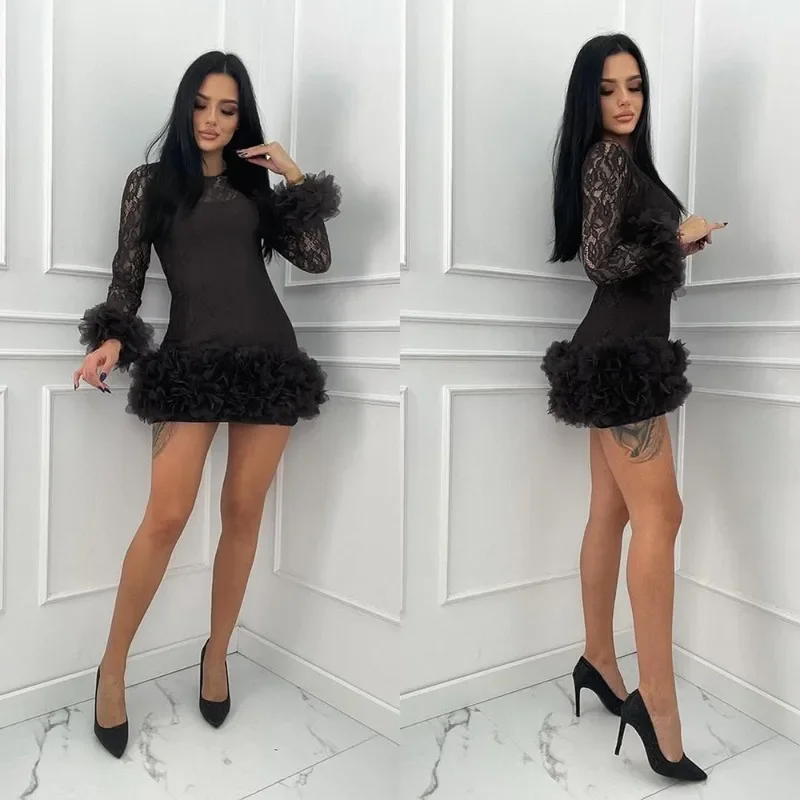 ชุดเดรสสั้นแขนยาวผ้าลูกไม้ซีทรู คอทรงกลม ชายระบาย สำหรับงานปาร์ตี้และคลับ รุ่น GUWU