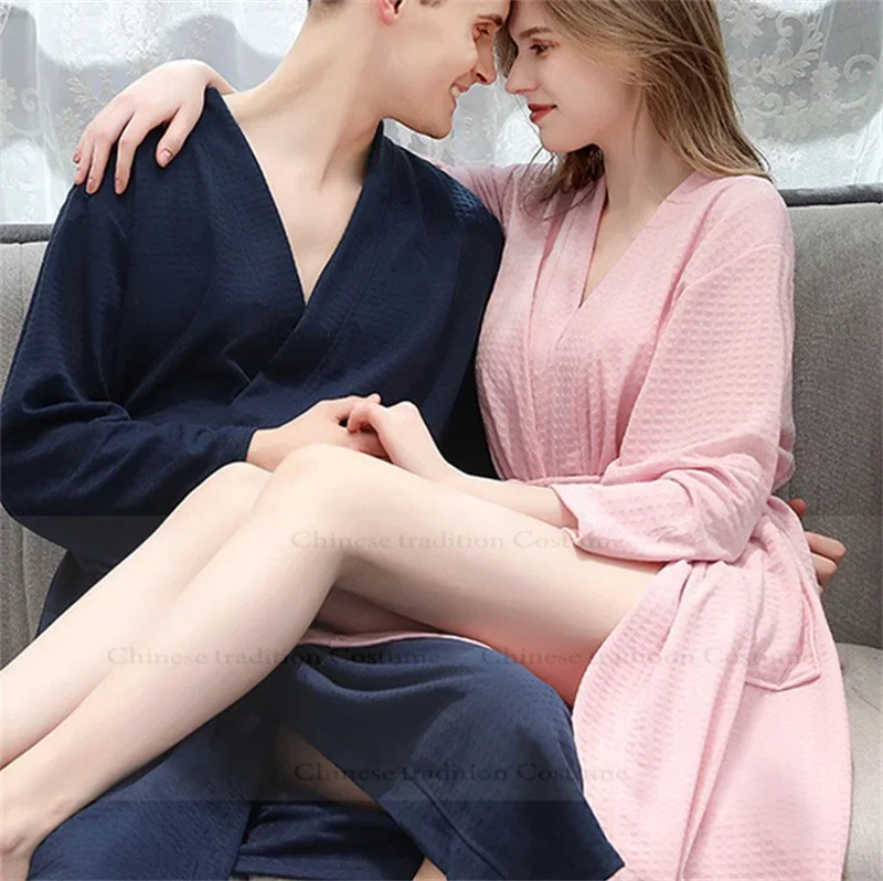 Lady Waffle Thin Shower Robes Sleepwear Blue Kimono Robe Gown Intimate Lingerie Couple Men Home Dressing Gown Sexy Bathrobe